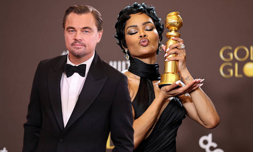 Leonardo DiCaprio animatedly talking to Teyana Taylor at the Golden Globes in a viral candid moment