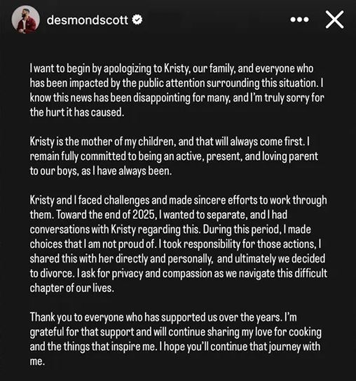 Desmond Scott apology message to Kristy Scott