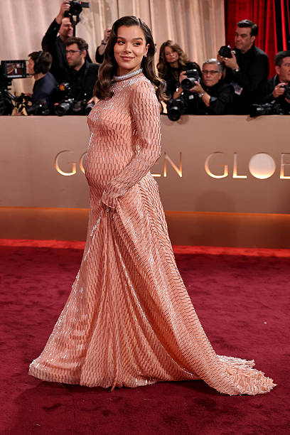 Hailee Steinfeld maternity style Golden Globes 2026 red carpet look