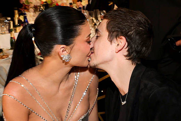 Kylie Jenner reacts emotionally as Timothée Chalamet accepts his Golden Globes award on stage