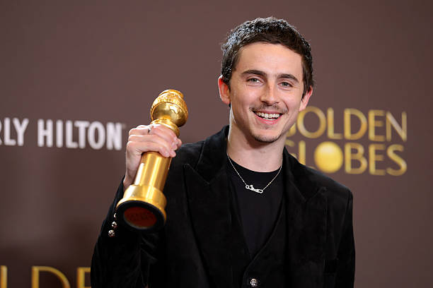 Timothée Chalamet accepting Best Actor Golden Globe 2026